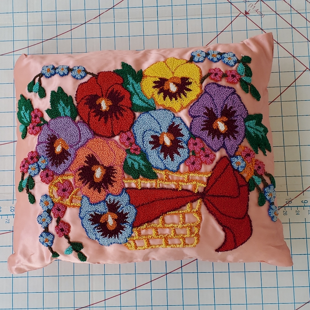 Punch Needle Embroidered Pillow Pansy  Bow Floral 17"x14" Cottagecore Satiny